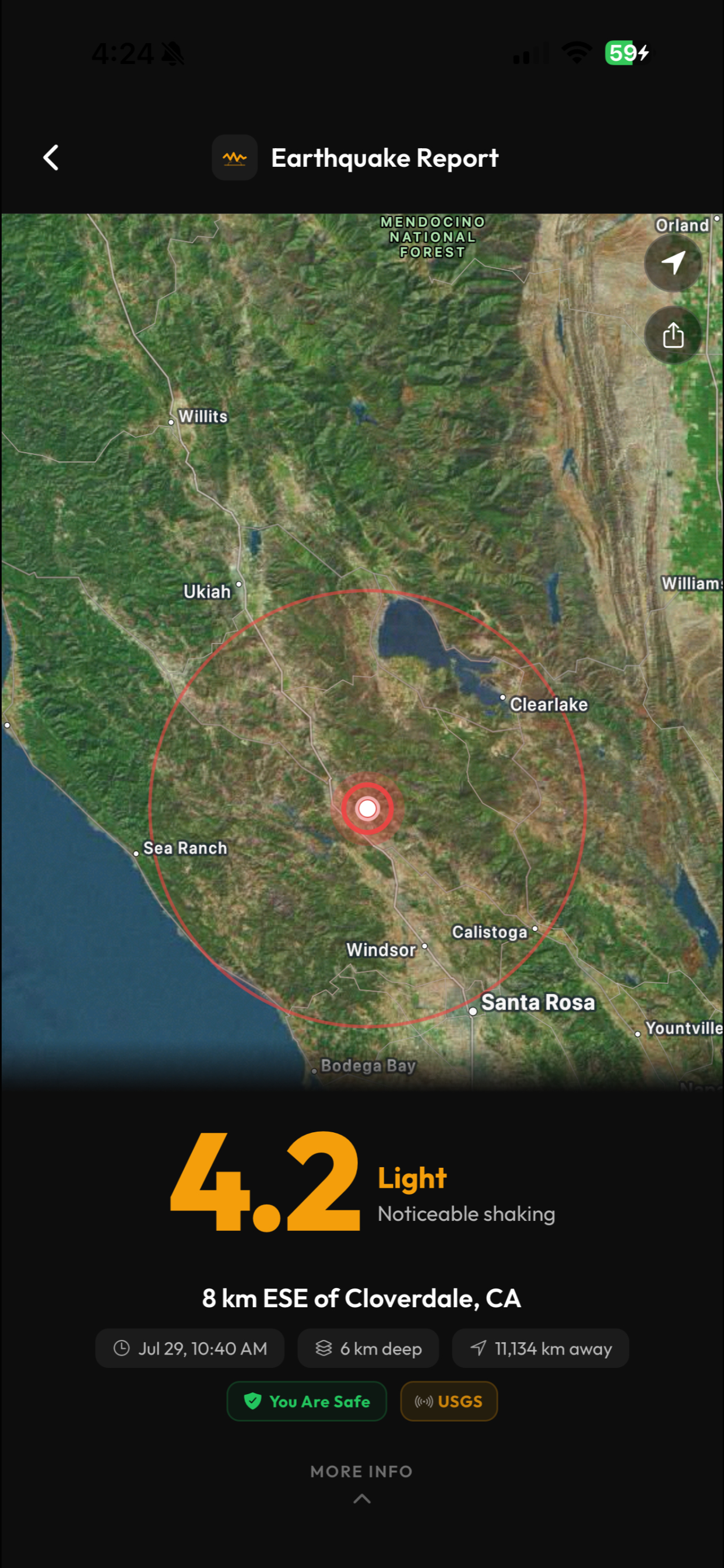 Earthquake detail screen showing California earthquake with satellite map