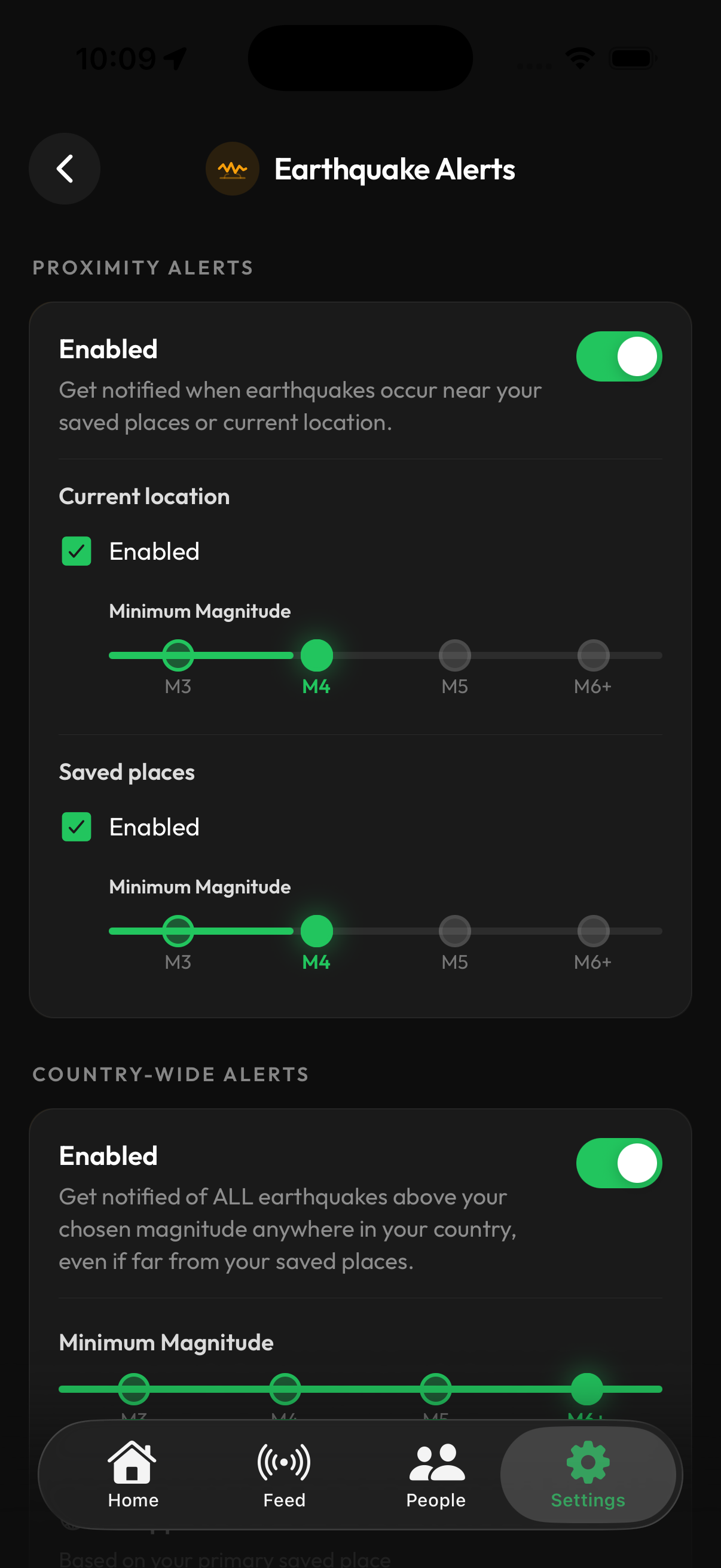 TerraSentri earthquake alert settings showing current location, saved places, and national level controls