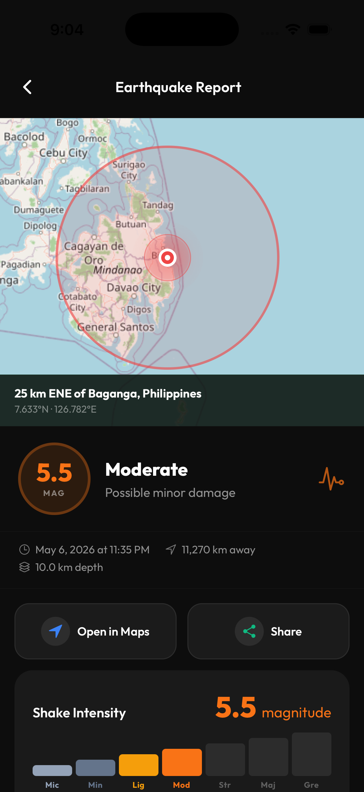 Earthquake detail screen showing magnitude, depth, and map