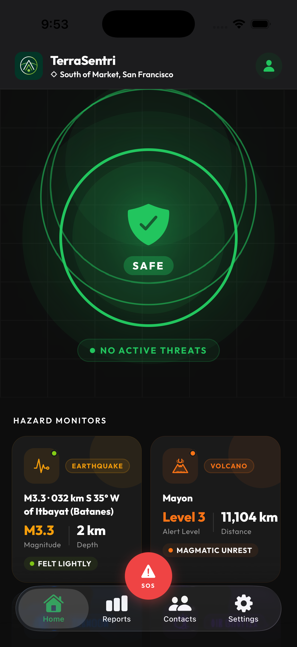 TerraSentri home screen showing current hazard status