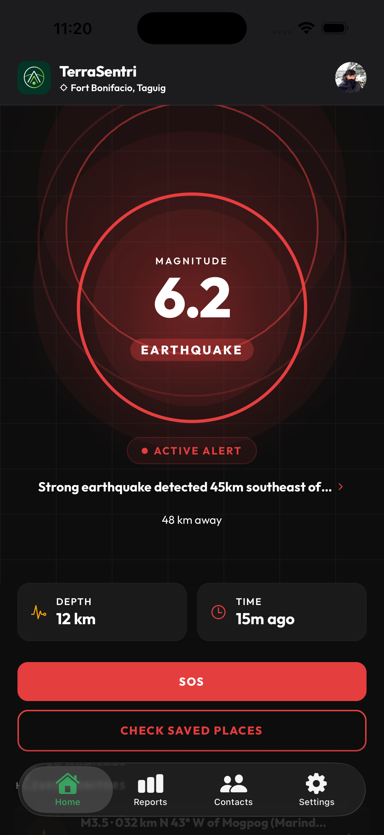 TerraSentri app showing danger alert on mobile device