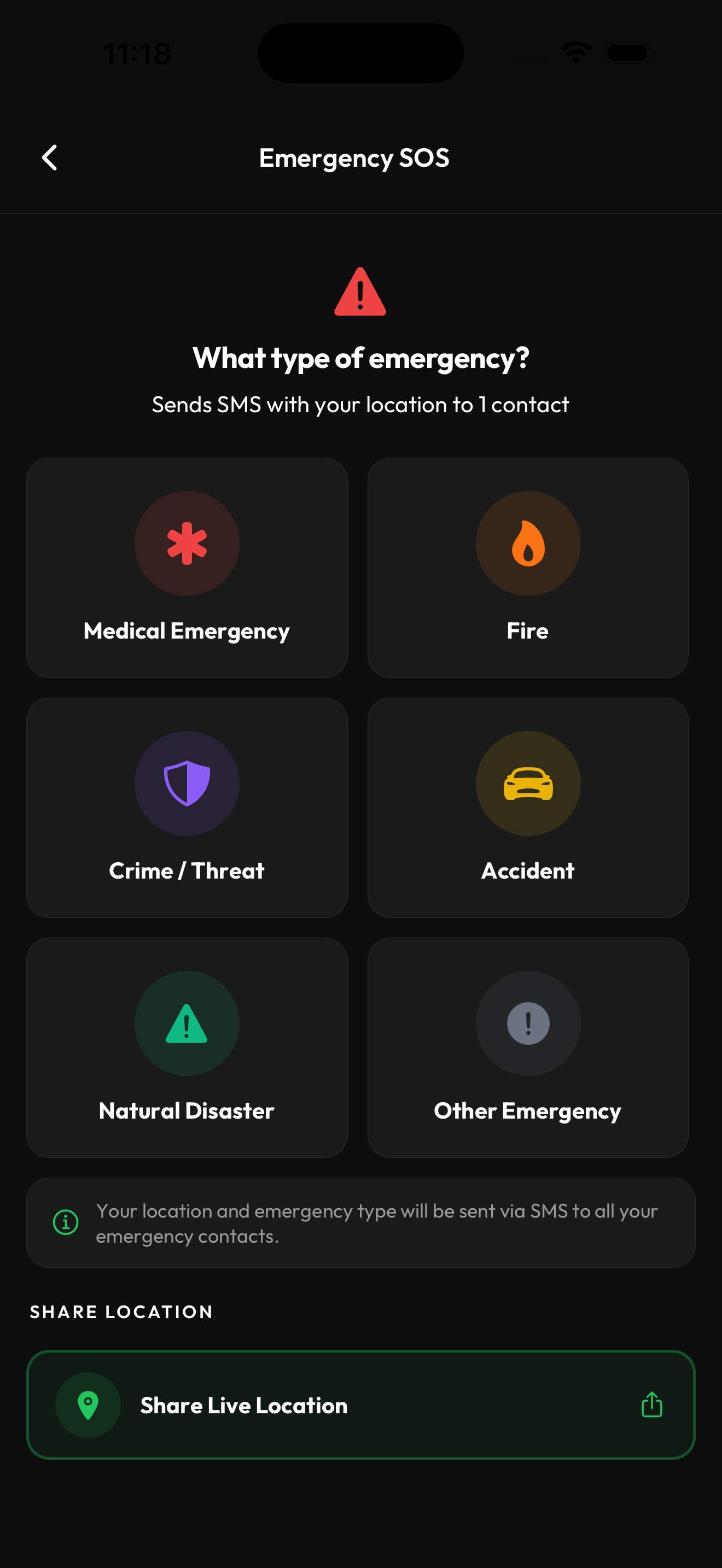 SOS emergency screen with quick-dial contacts