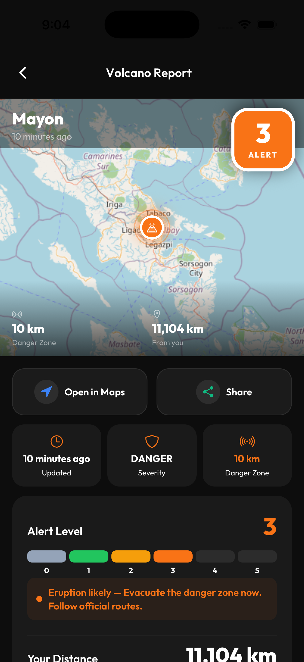 Volcano monitoring screen showing alert level and activity