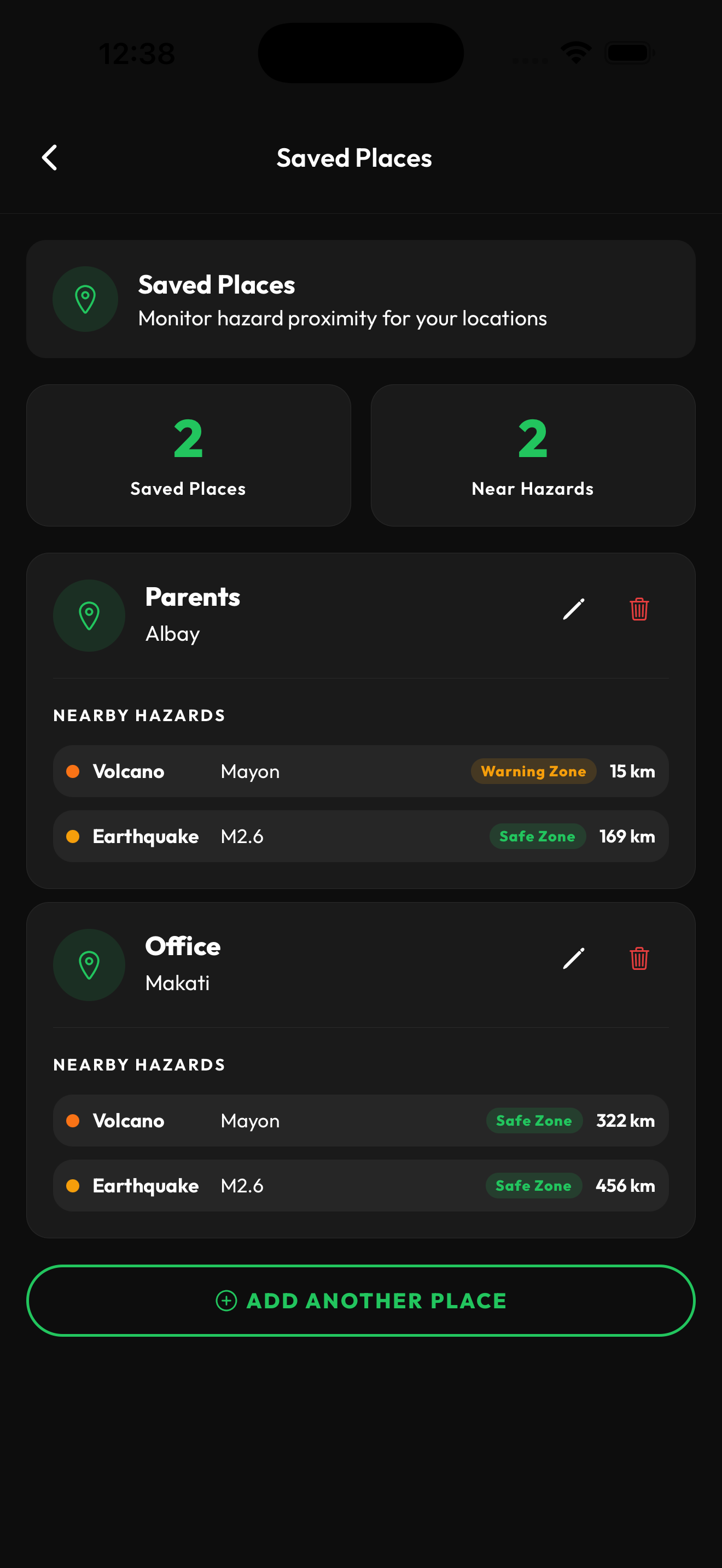 TerraSentri saved places showing hazard proximity for each location